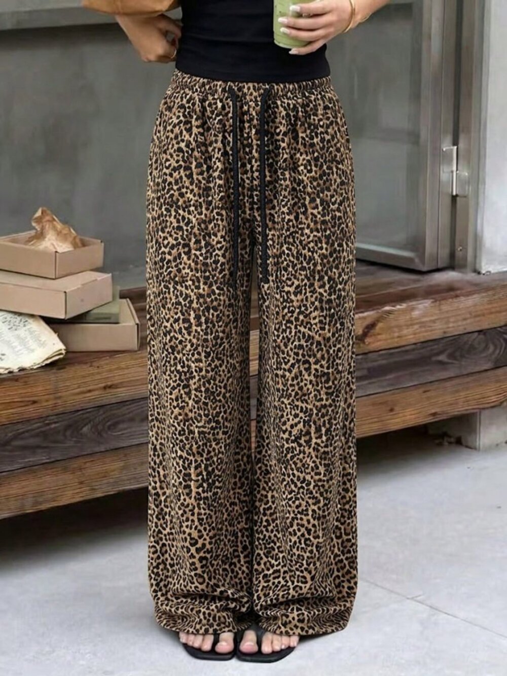 Brown Casual Women's Loose Fit Leopard Print Drawstring Waist Wide Leg Pants - Picture 2 of 5